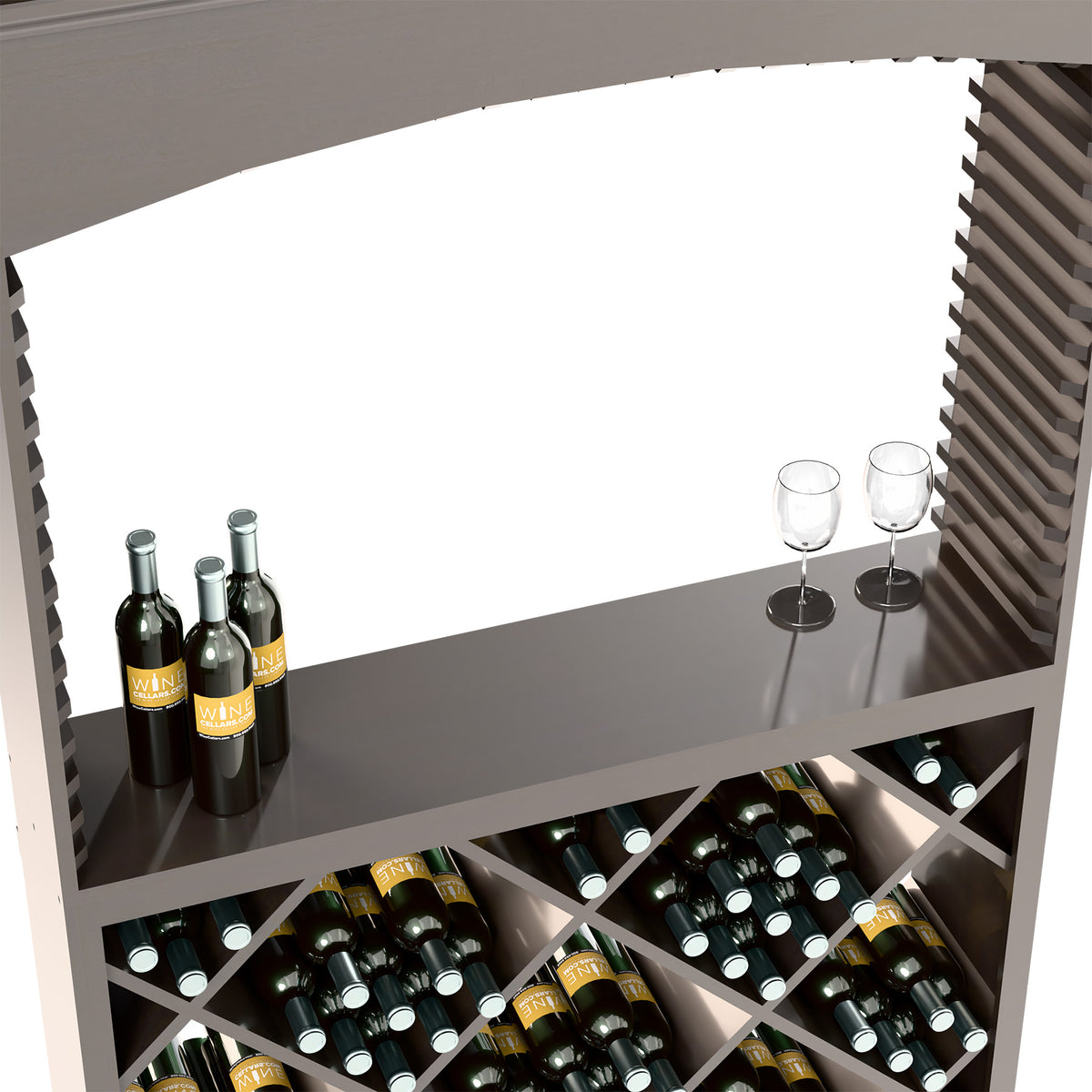 Dark wood bar shelf with bottles on diamond wine rack and two empty wine glasses