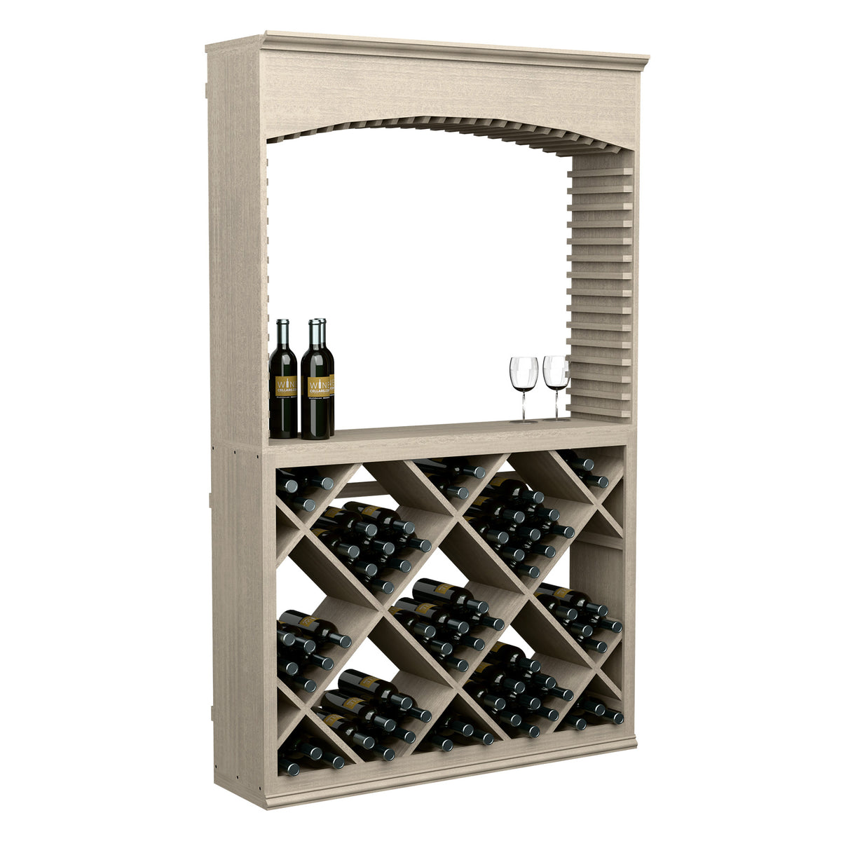 Grey wood wine tasting station with arch, glass holders, and diamond bottle storage