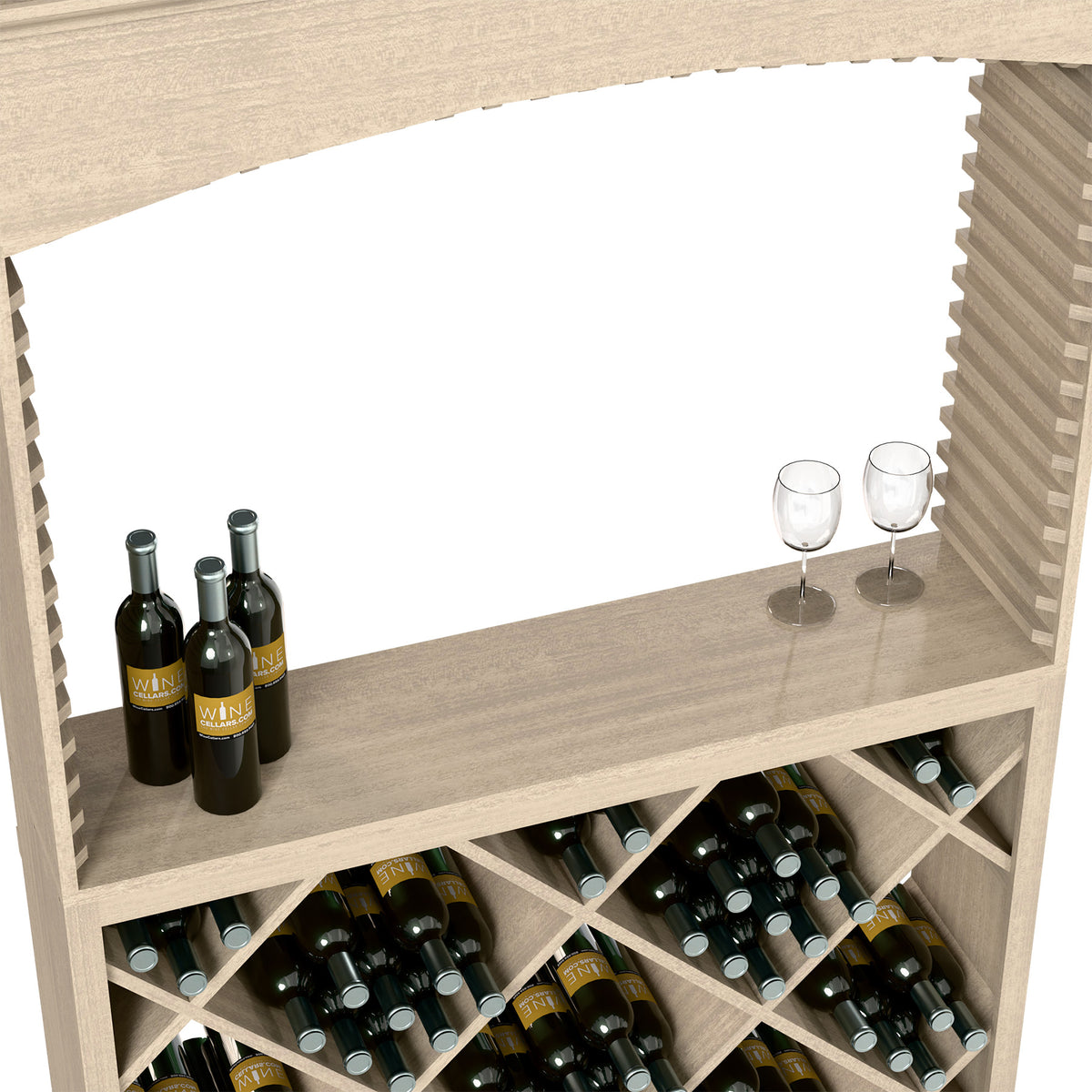 Light wood wine tasting station top shelf with wine bottles and two glasses