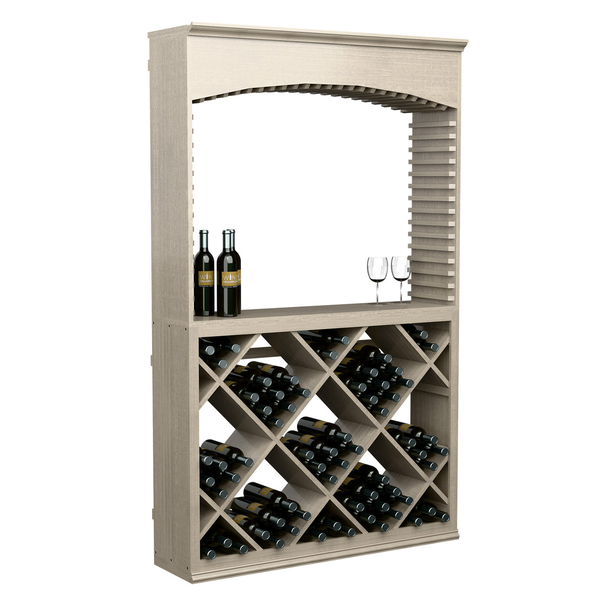 Grey wood wine tasting station with archway and diamond-pattern wine bottle racks