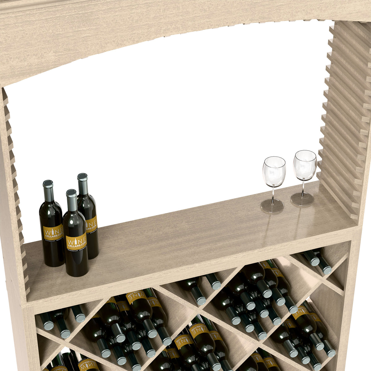 Light wood wine tasting station with top shelf, wine bottles, and two glasses