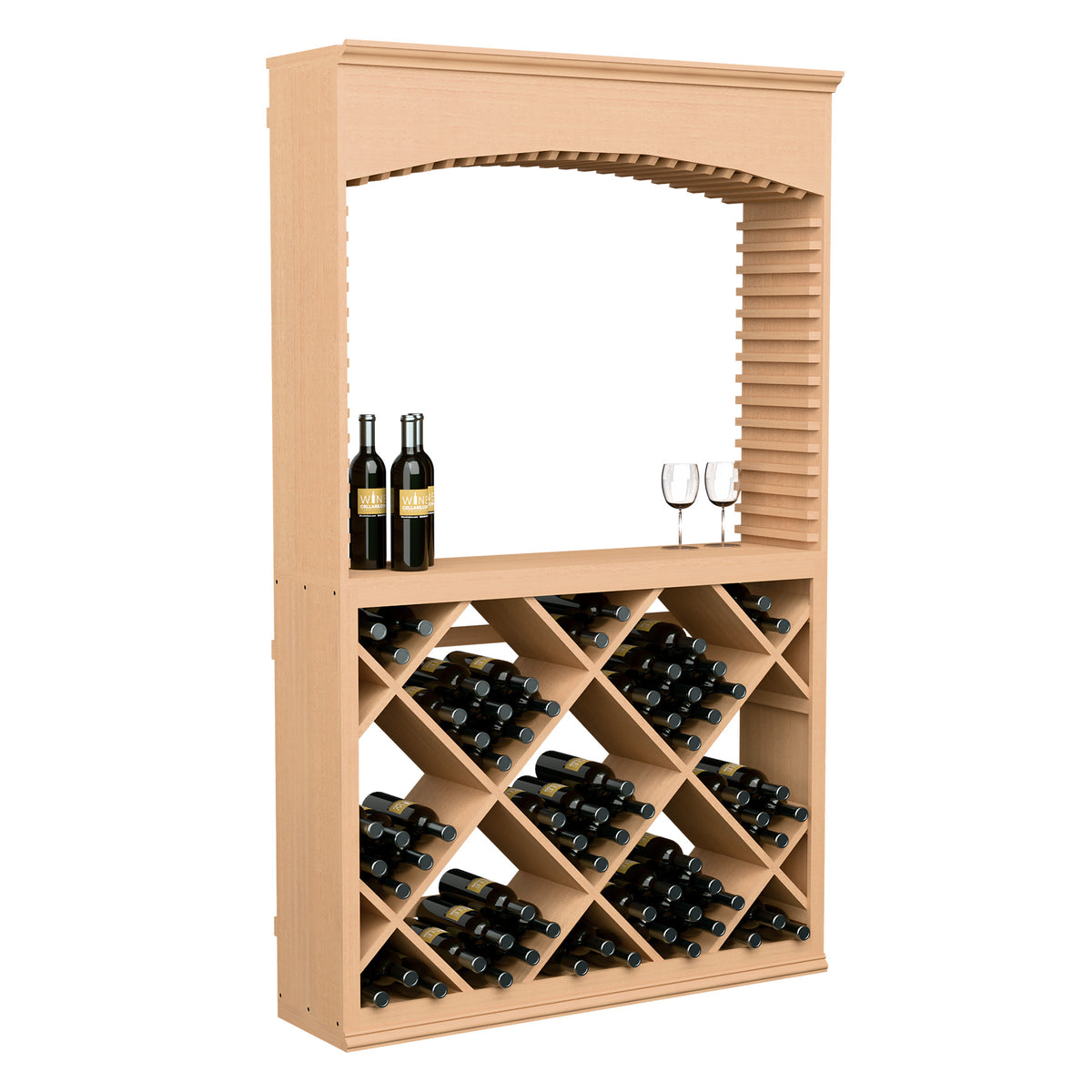 Light wood wine tasting station with archway and diamond-pattern bottle storage