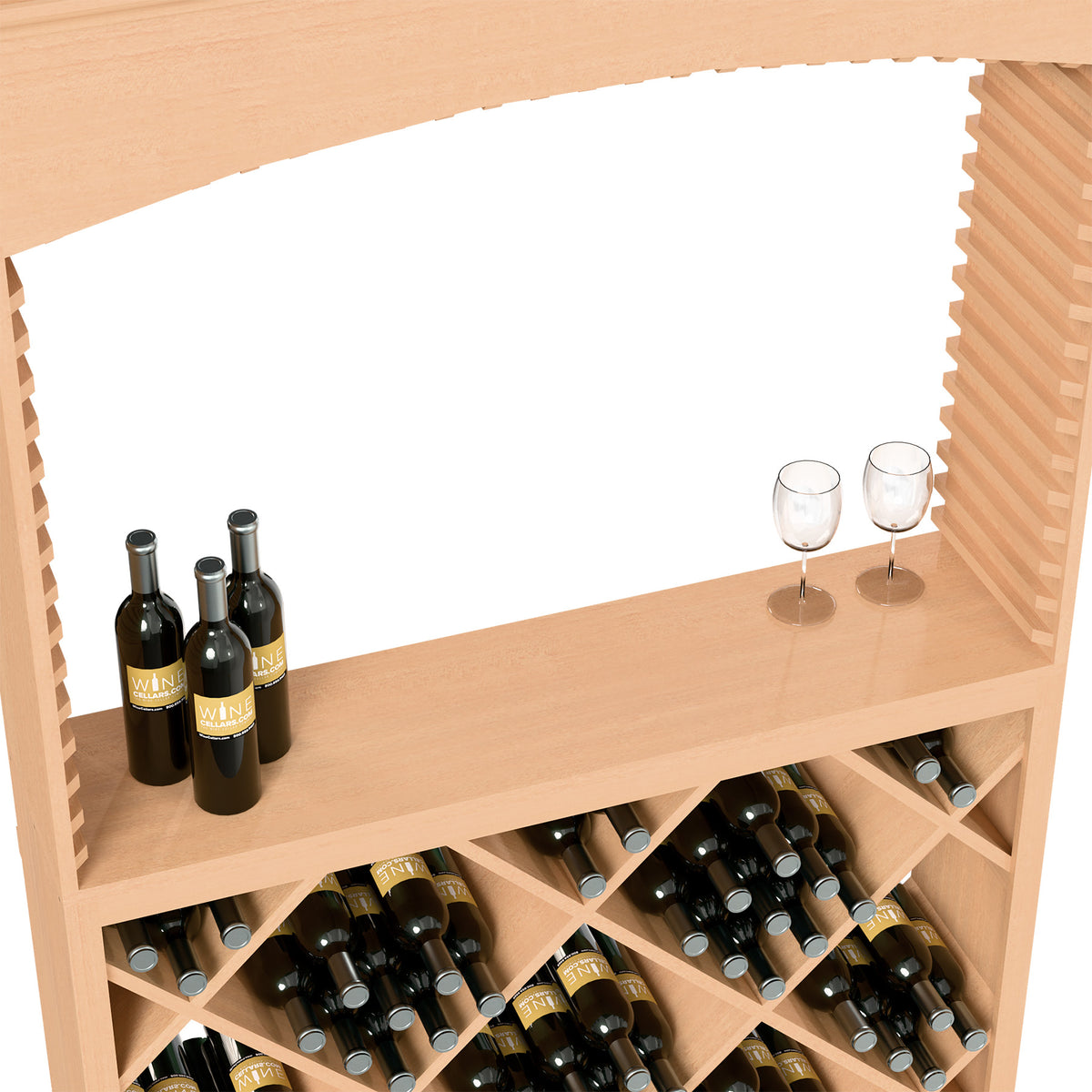Light wood wine tasting station with top shelf, wine bottles, and two stem glasses