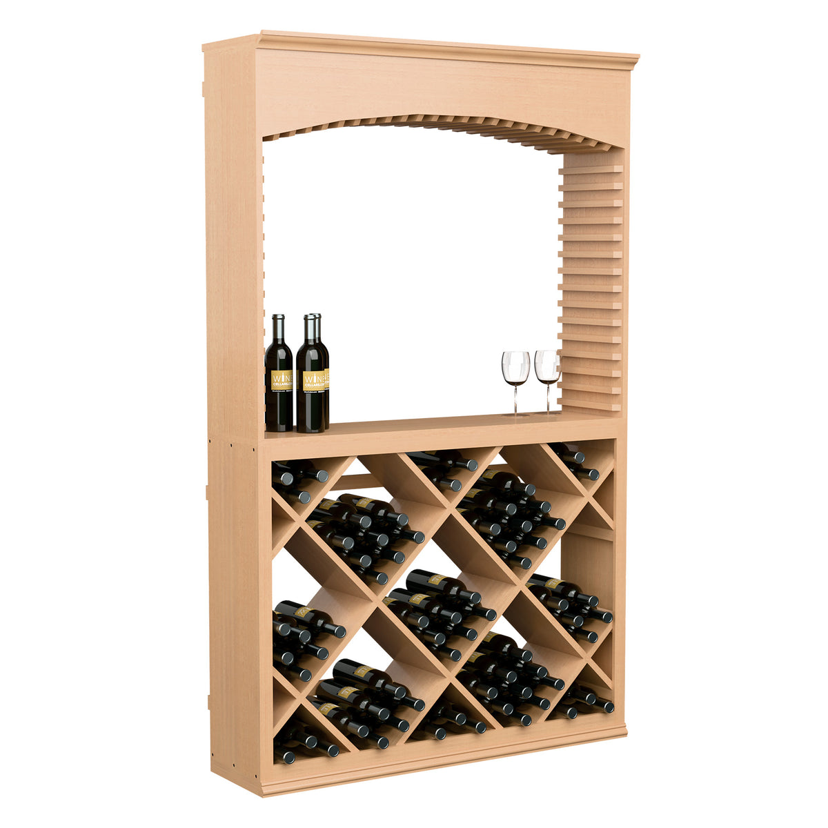 Light wood wine tasting station cabinet with archway and diamond wine rack
