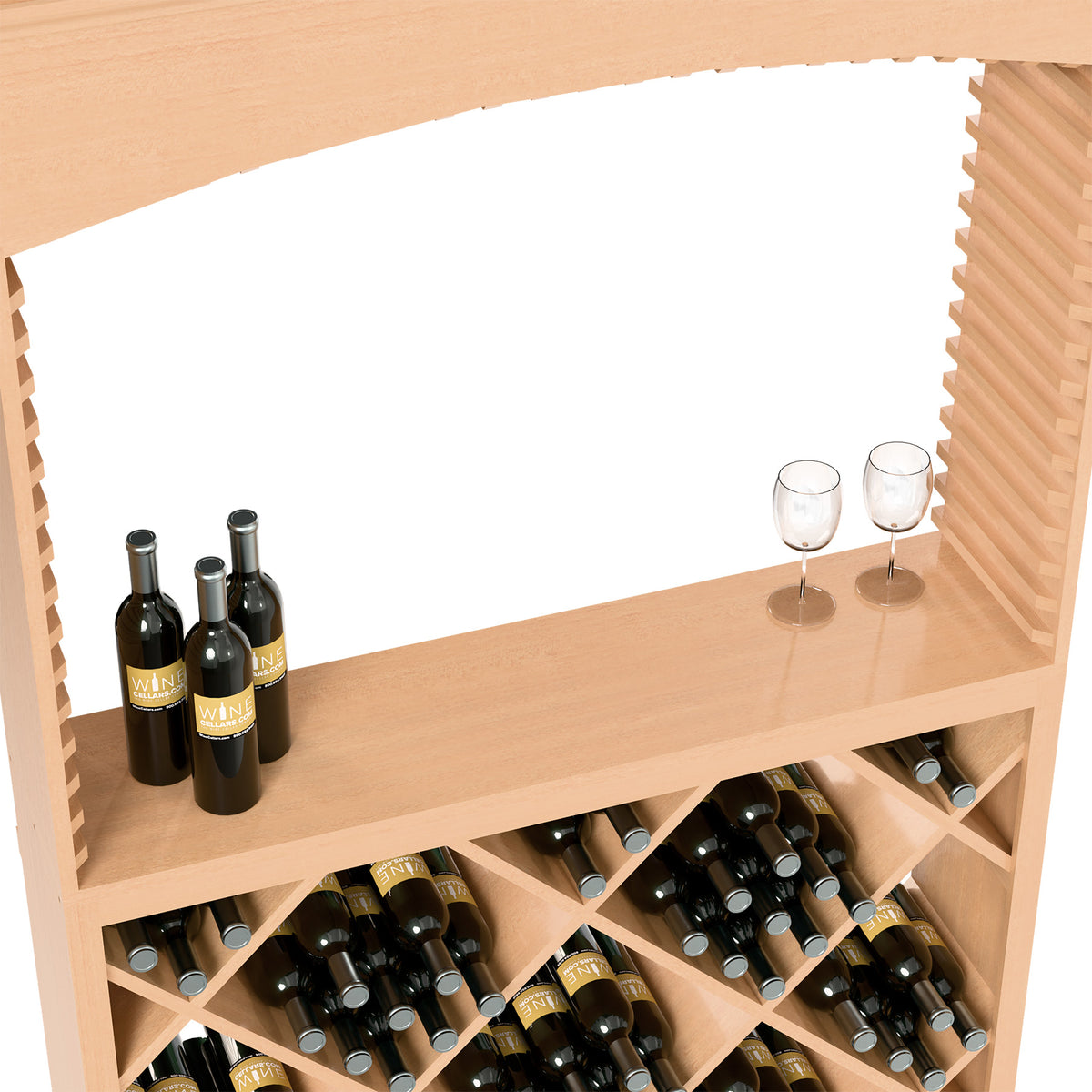 Light wood wine tasting station with top shelf, bottles, and two glasses