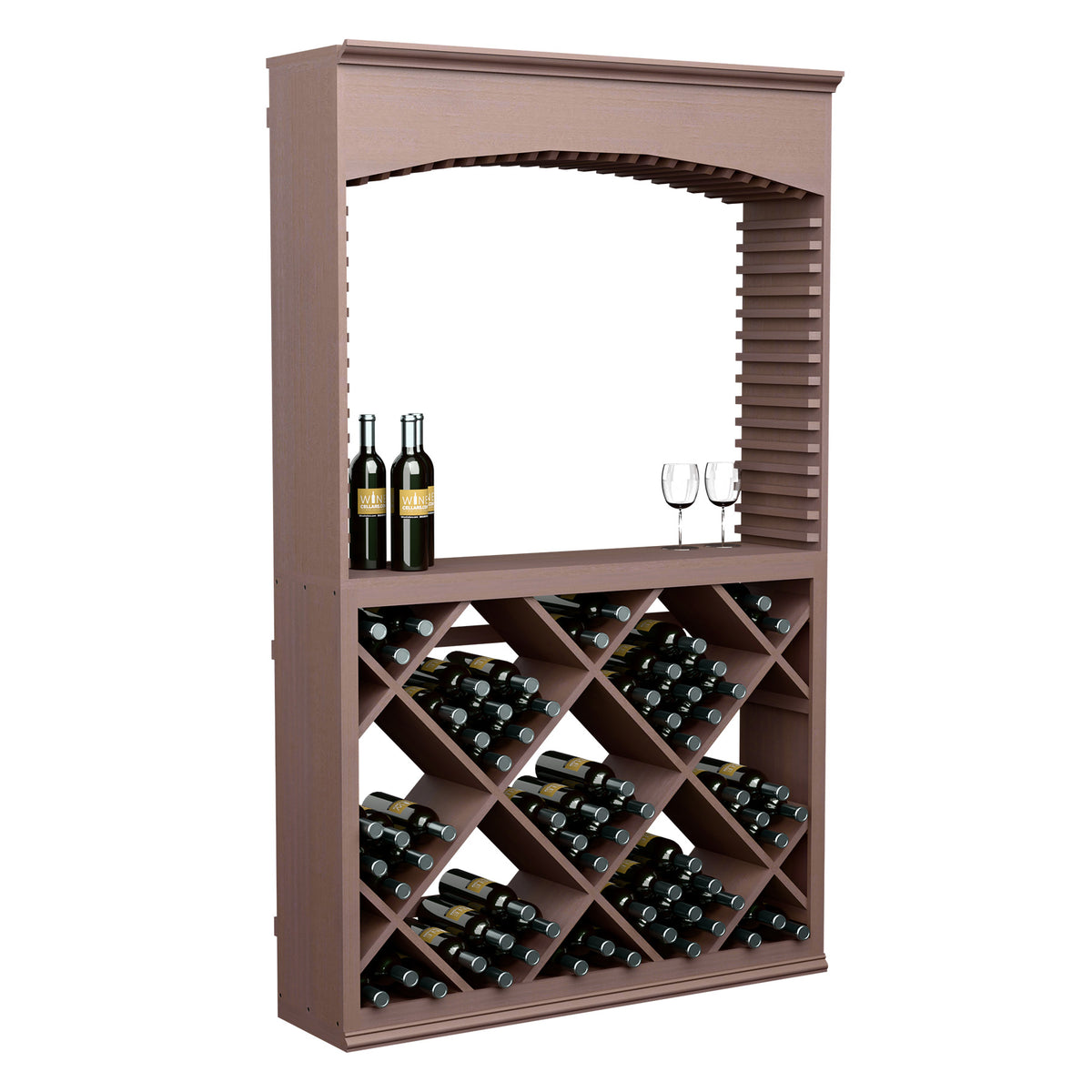 Dark wood wine tasting station with archway and diamond-pattern bottle storage
