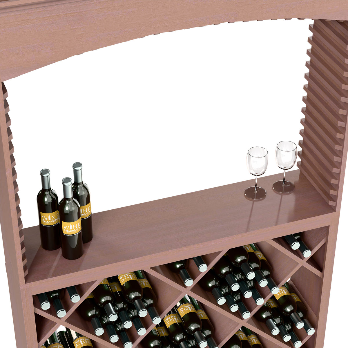 Dark wood wine tasting station top shelf with bottles and two glasses