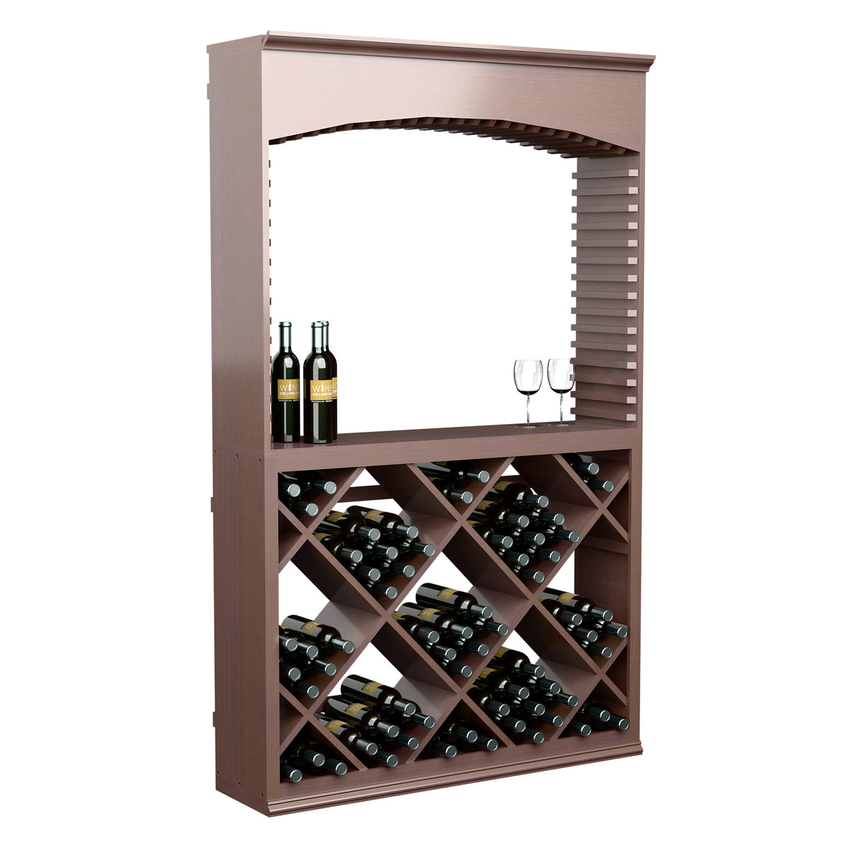 Wood wine tasting station with arched top, crisscross bottle racks, and stemware holder