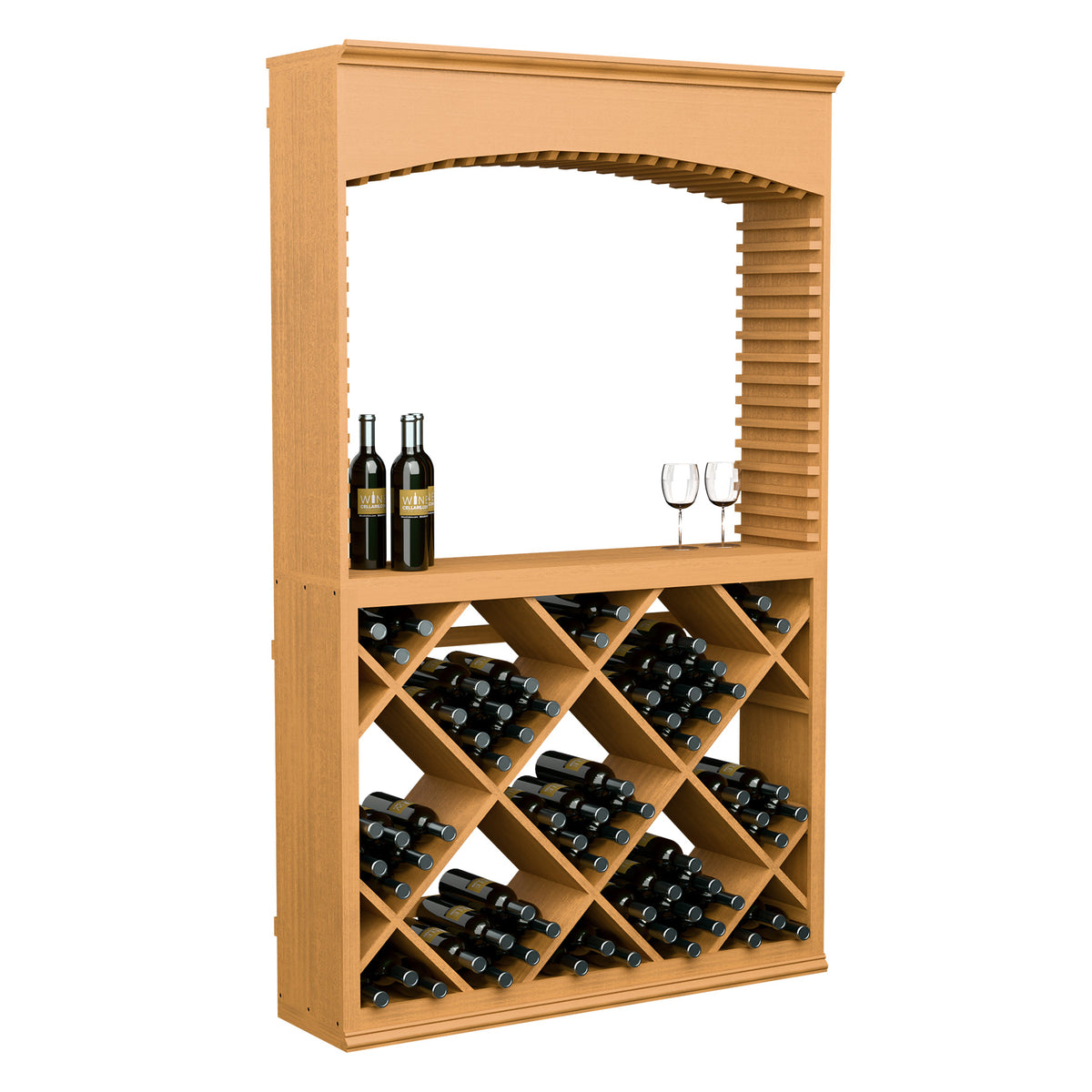 Light wood wine tasting station with arched frame, crisscross wine bottle storage