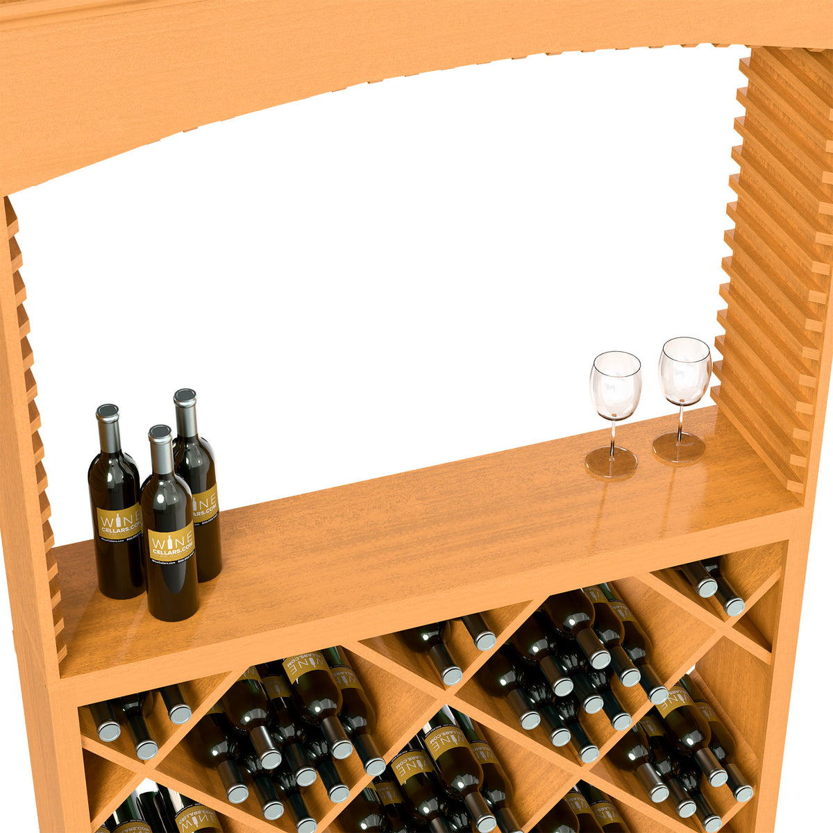 Light wood wine tasting station with serving ledge, two glasses, and bottle crisscross racks