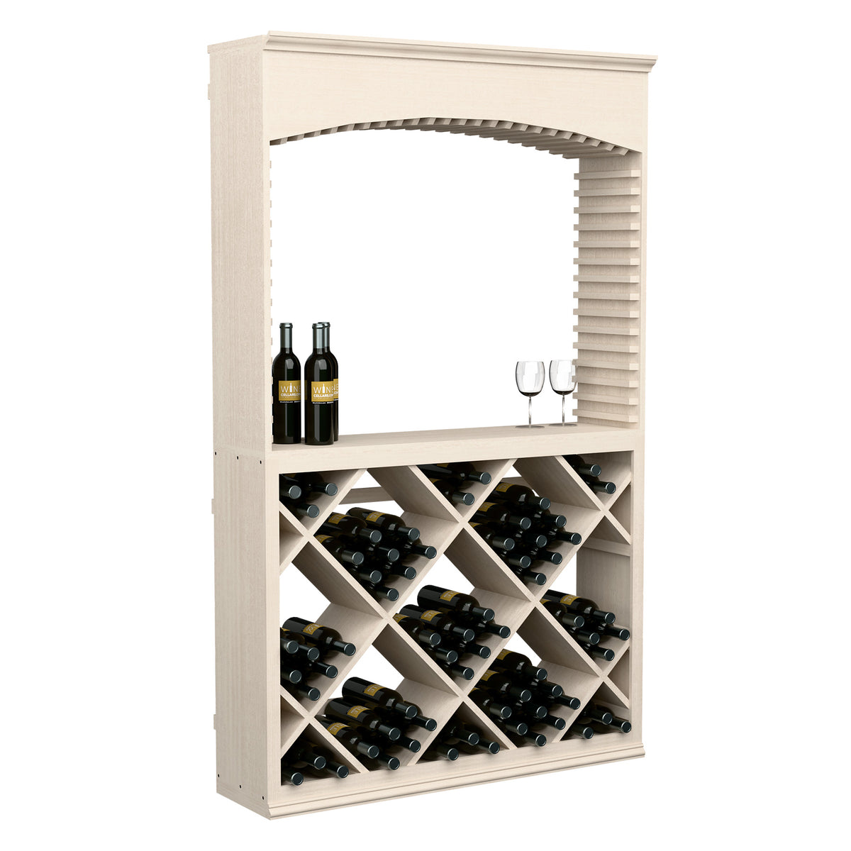 White-washed wood wine tasting station with arched top and crisscross bottle storage