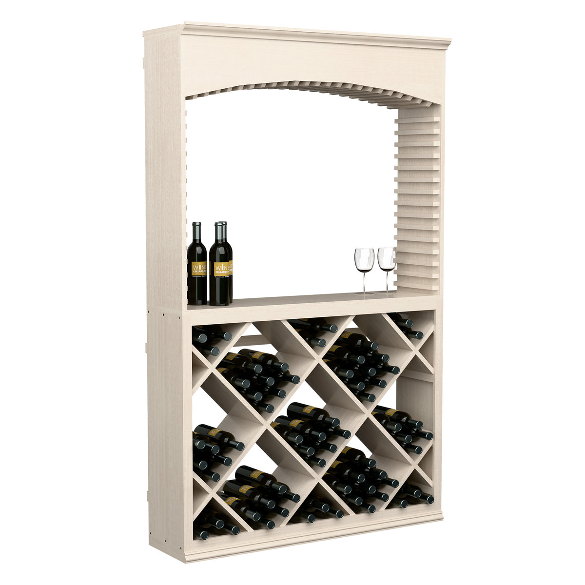 White-washed wood wine tasting station with arched opening and crisscross bottle cubbies
