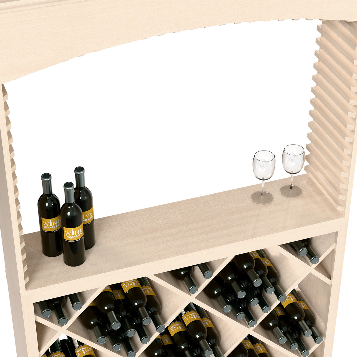 White-washed wine tasting station interior with two glasses and wine bottles on ledge racks
