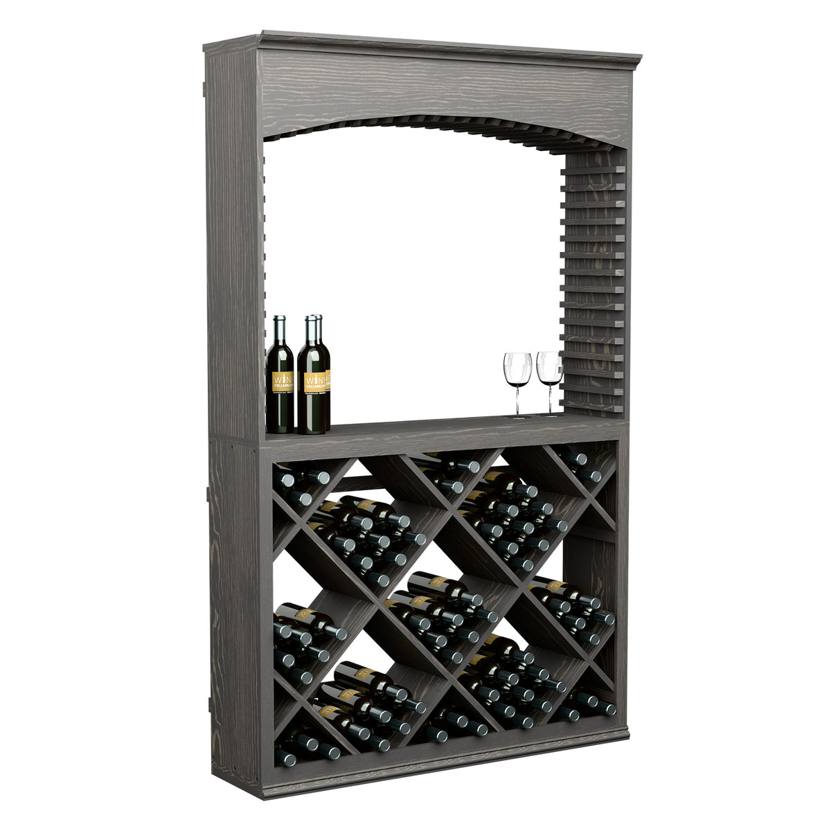 Dark gray wood wine tasting station with arch top and diamond bottle storage