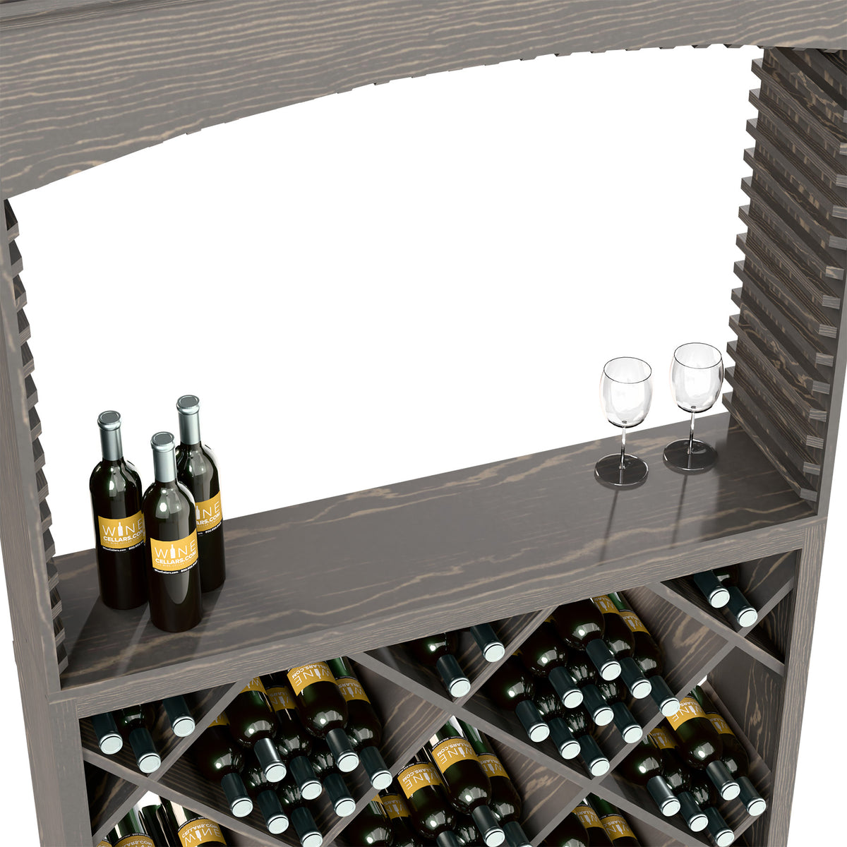 Dark gray wood wine rack with bottle cradles and glass holders at the front shelf