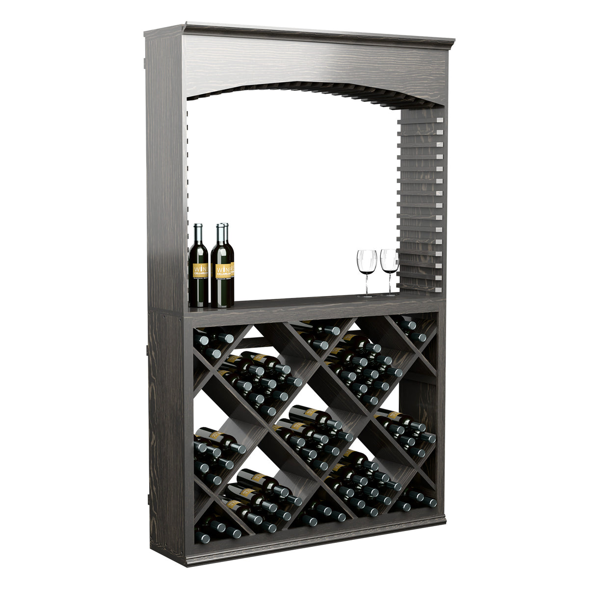 Dark gray wood wine tasting station with archway opening and crisscross wine bins