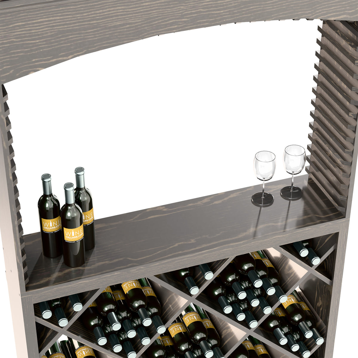 Dark gray wood wine rack showing front shelf, glass holders, and diamond bottle storage
