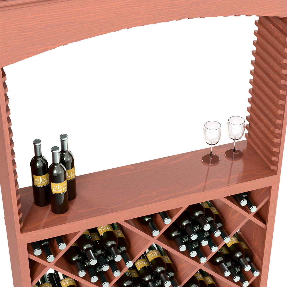 Red wood wine rack with front shelf and glass holders plus diamond bottle cubbies