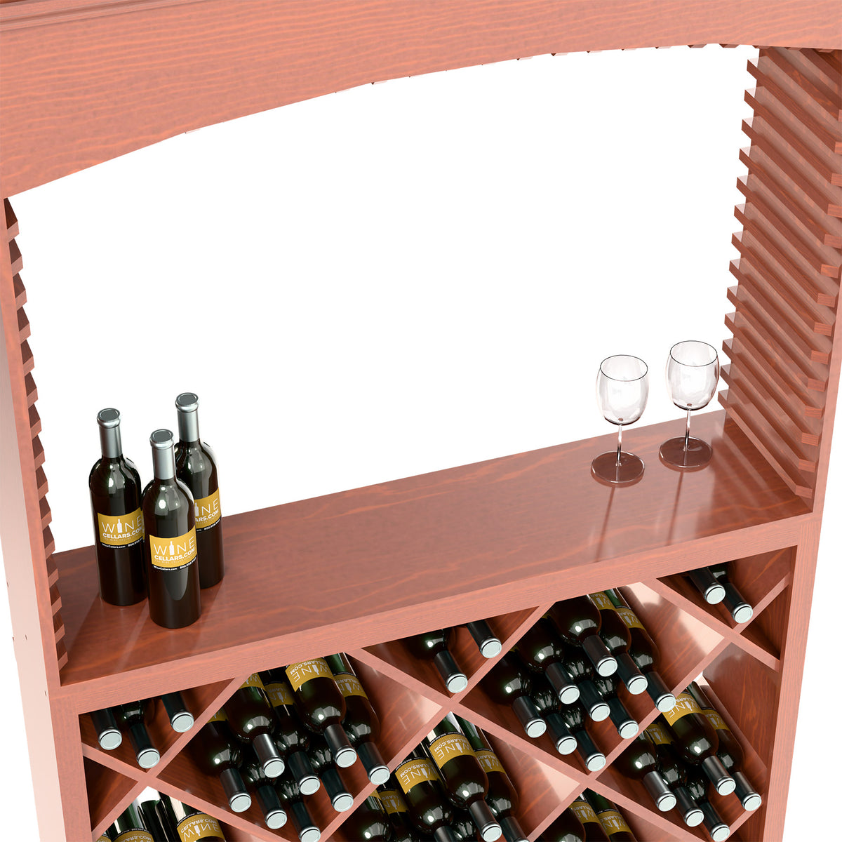 Red wood wine rack front shelf with glass holders and diamond-pattern bottle bins