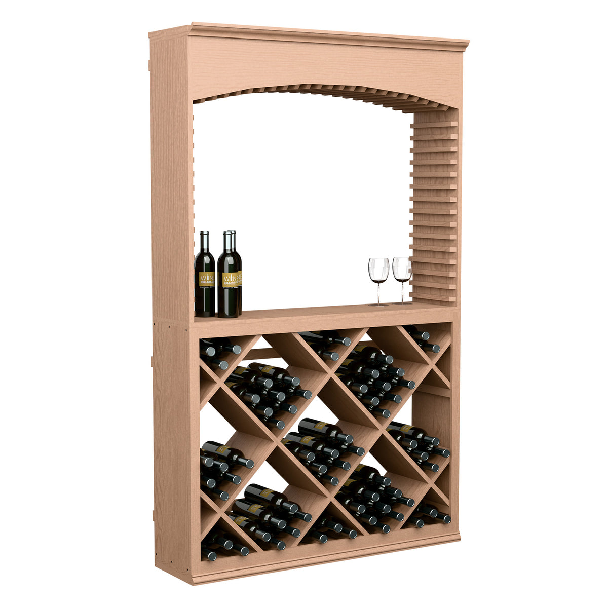 Light wood wine tasting station with archway opening and diamond bottle storage
