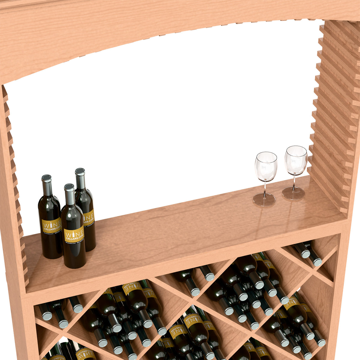 Light wood wine rack with front shelf, glass holders, and diamond-pattern bottle cubbies