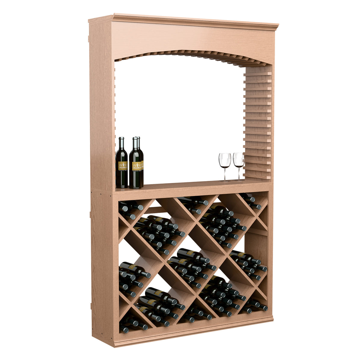 Wood wine tasting station with archway, diamond wine rack, bottle and glass holders