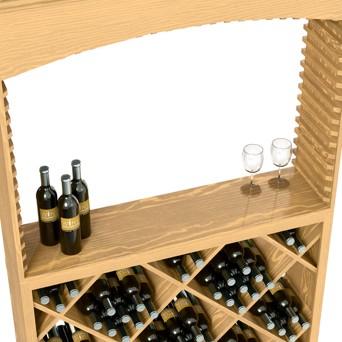 Wood wine tasting station interior with bottles, two glass holders, and diamond wine rack