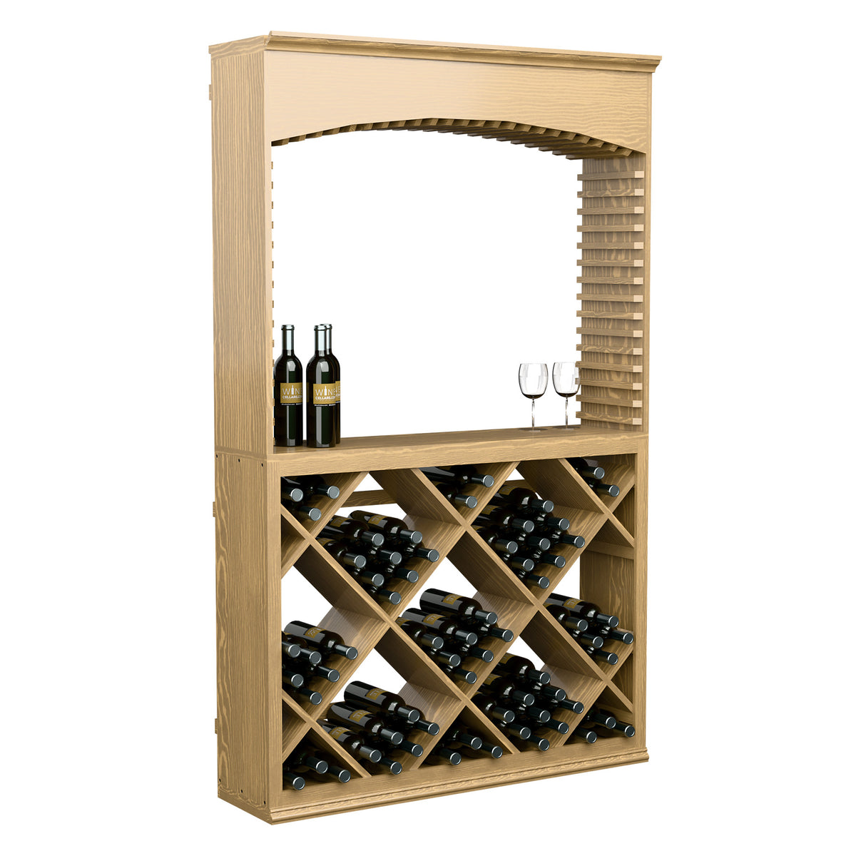 Wood wine tasting station with arch door, diamond wine rack shelves, bottles and glasses