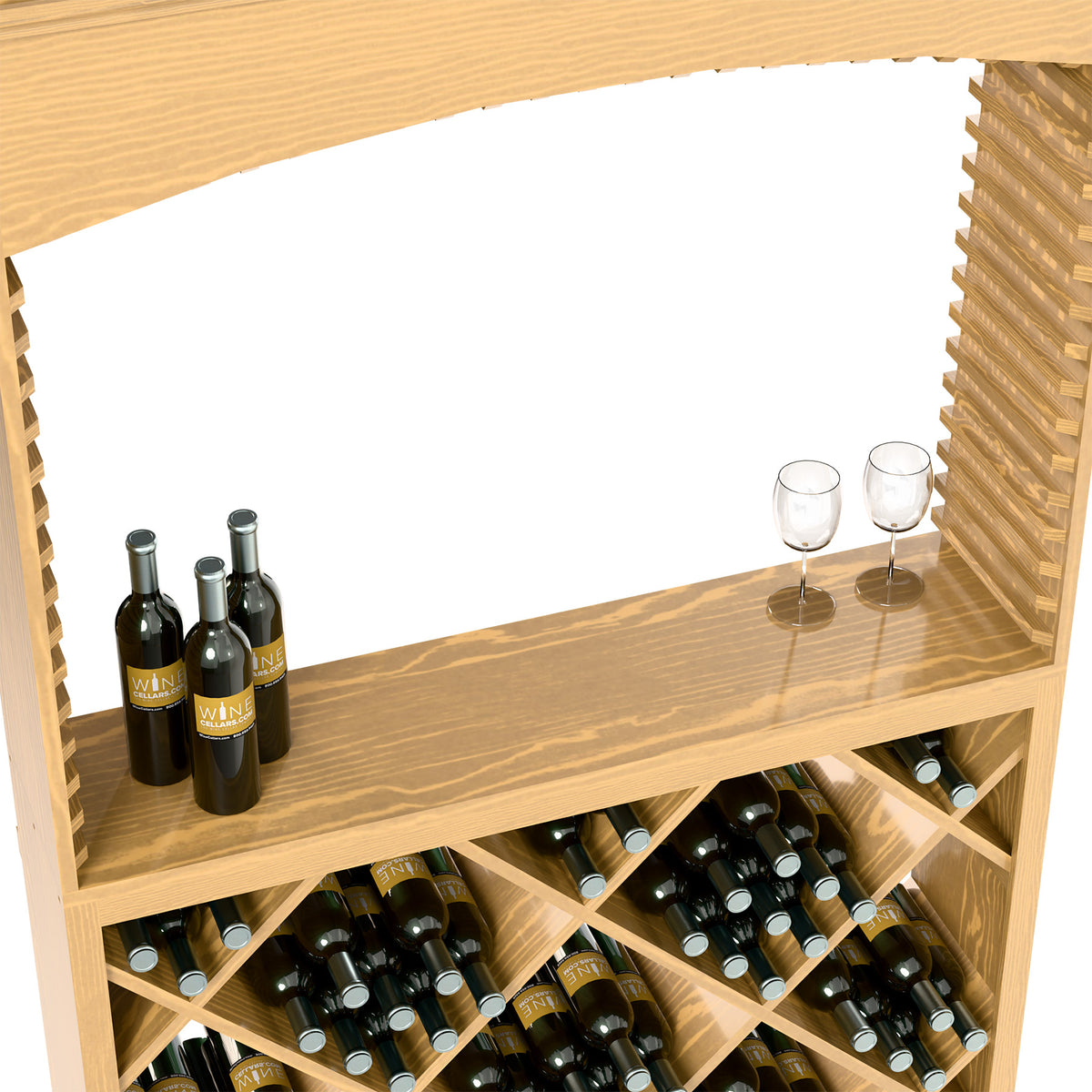 Wood wine tasting station with countertop bottles, two glass holders, and crisscross wine storage