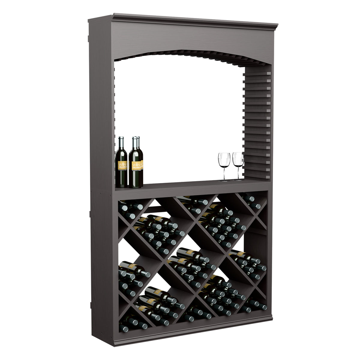 Dark gray wine tasting station with arch opening and diamond-pattern wine rack, bottles and glasses
