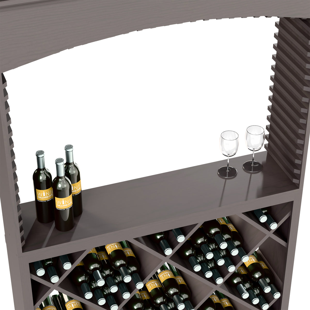 Dark gray wine tasting station countertop with bottles, stemless glass holders, and wine storage
