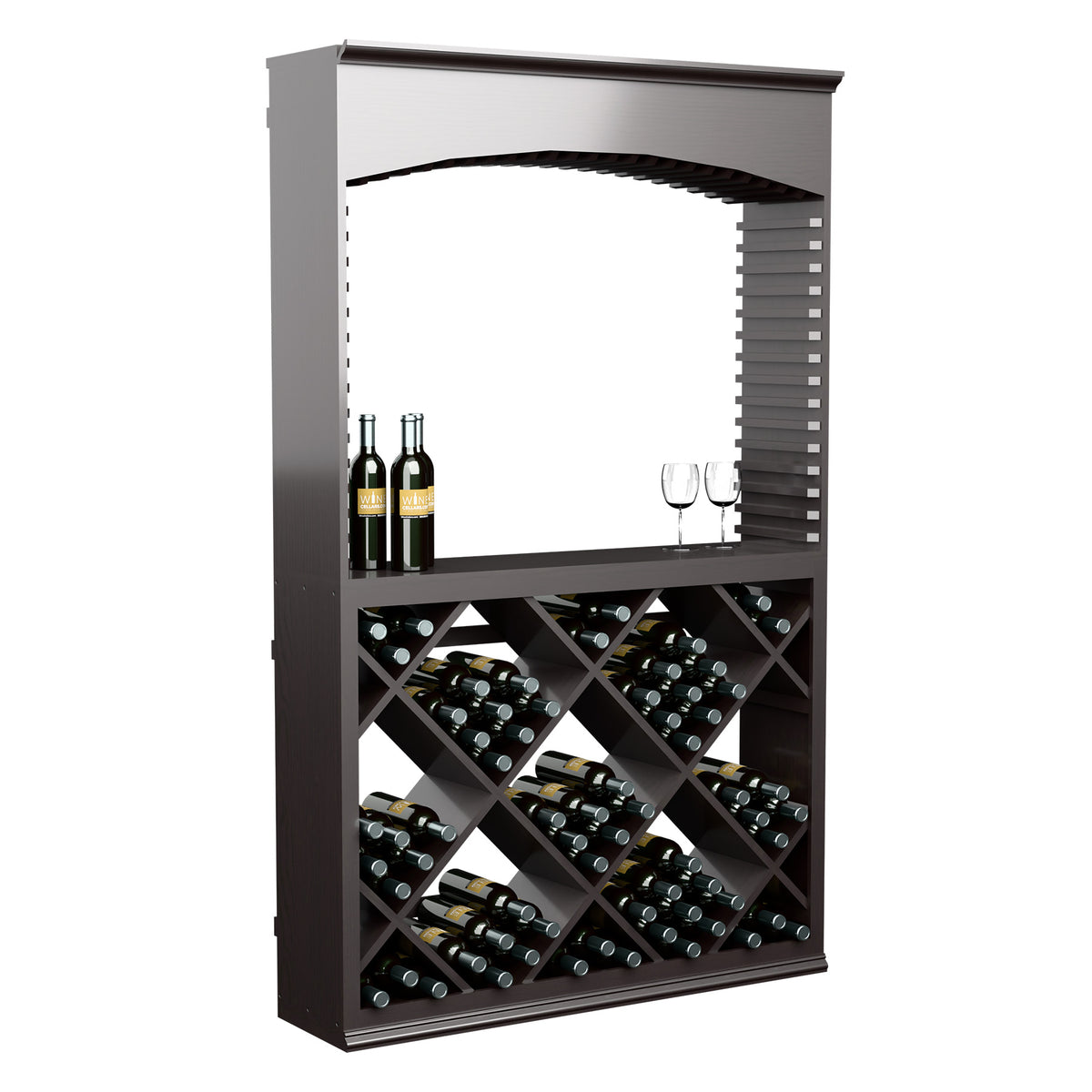Dark gray wine storage cabinet with archway, diamond wine rack, bottles and glass holders