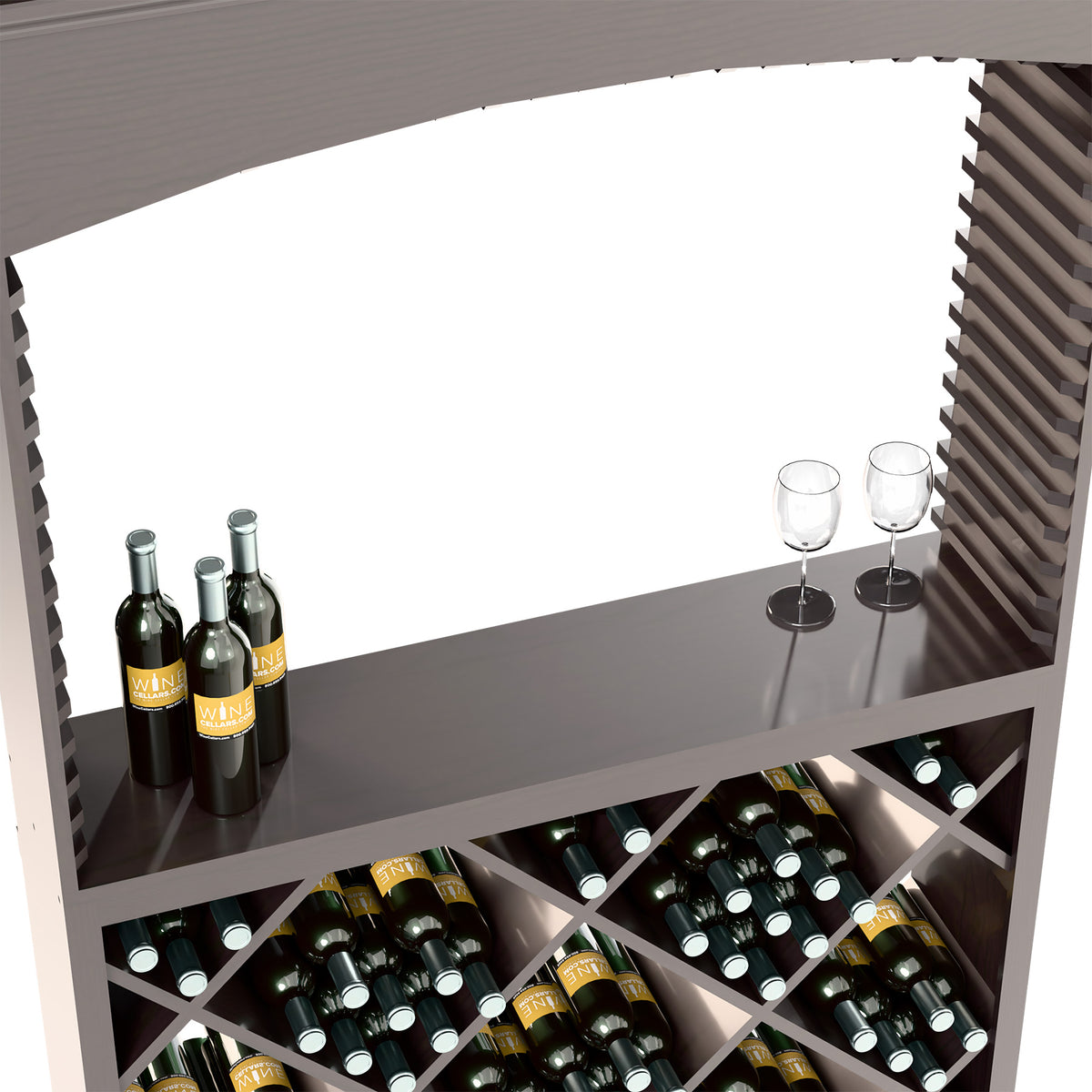 Dark gray wine tasting station interior with bottles, two glass holders, and diamond wine rack