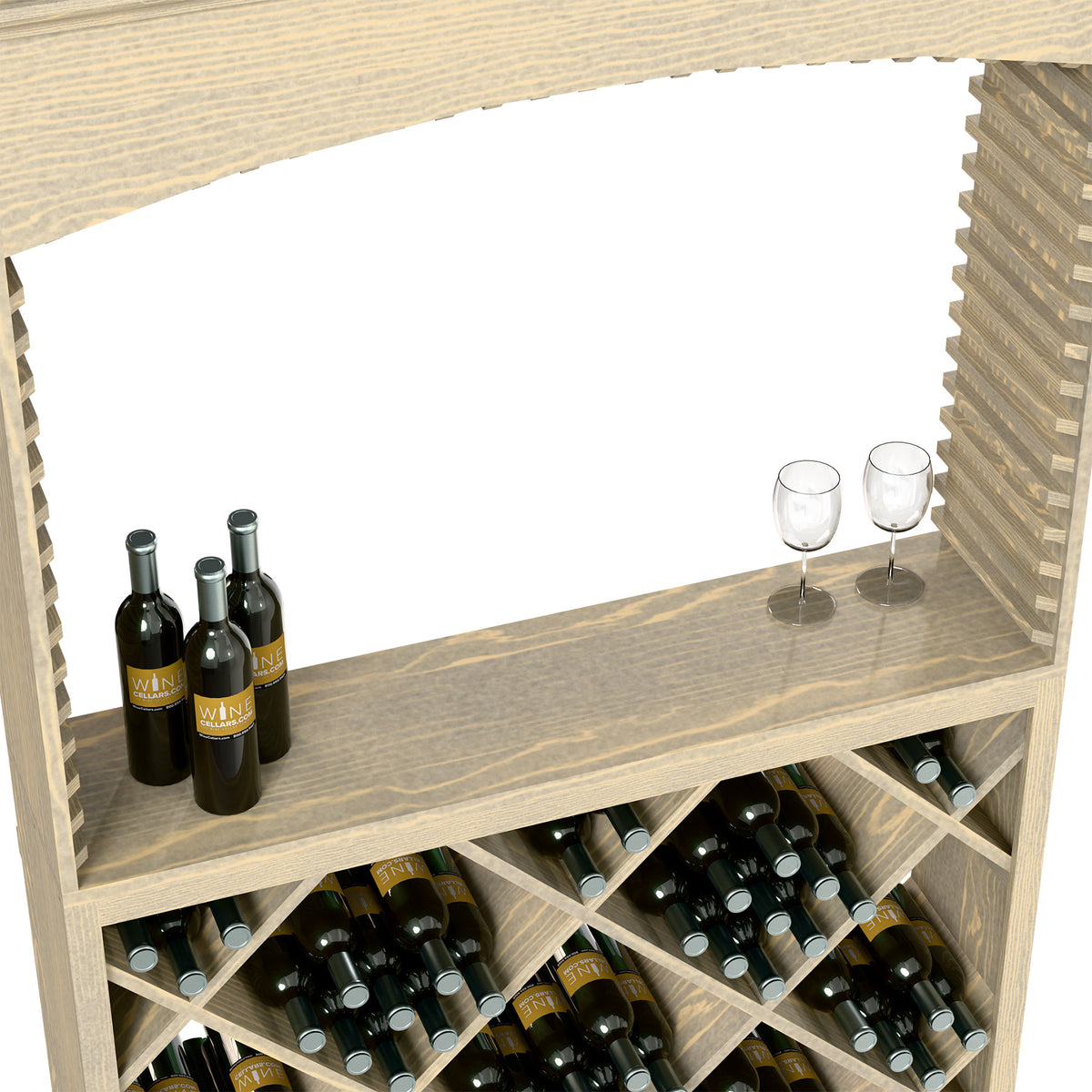 Wood wine tasting station interior view with bottles in diagonal rack and two stemmed glasses