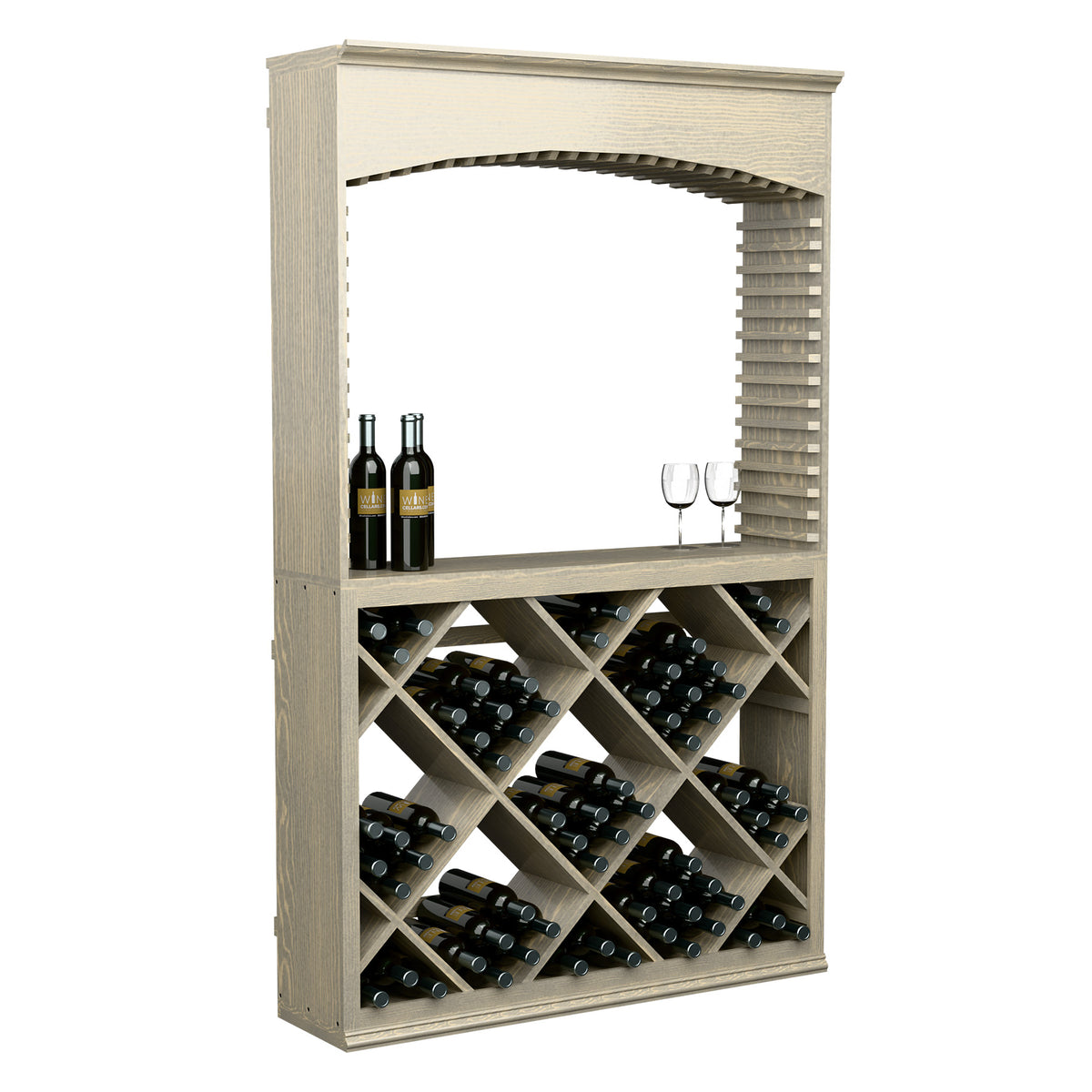 Wood wine tasting station with arch top, slatted sides, and crisscross wine bottle storage
