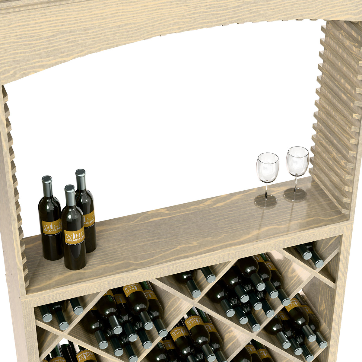 Wood wine tasting station top shelf with three bottles and two stemmed glasses, plus bottle rack