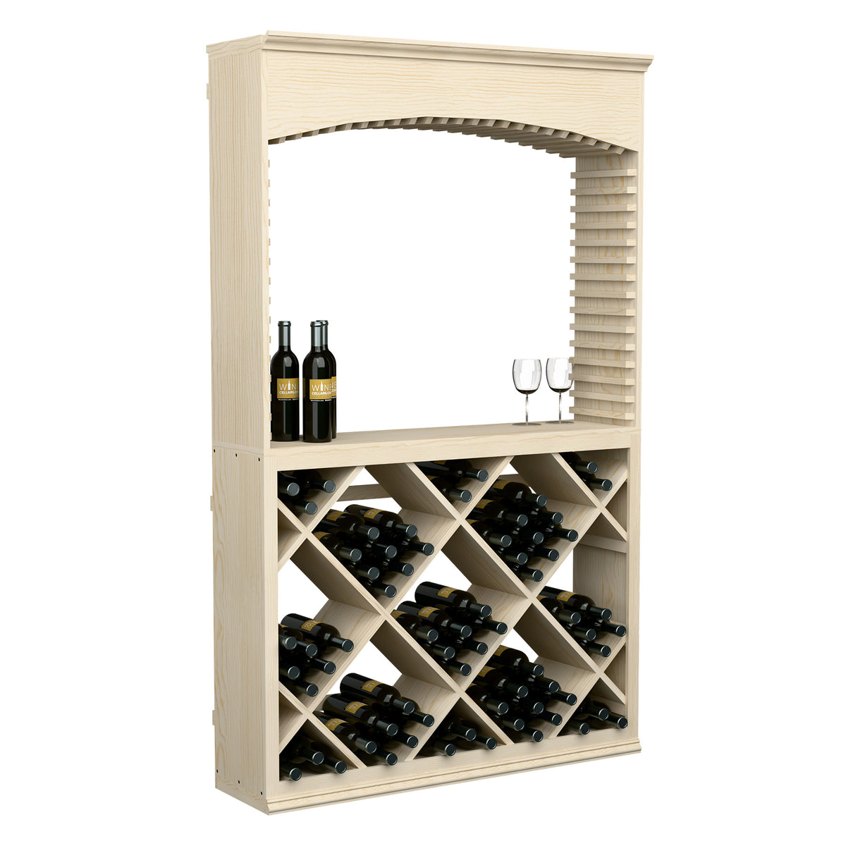 Wood wine tasting station with archway and slatted side panel, featuring crisscross wine bottle storage