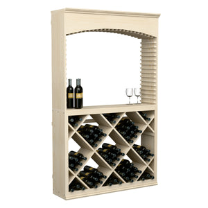 Wood wine tasting station with archway and slatted side panel, featuring crisscross wine bottle storage