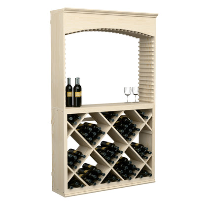 Wood wine tasting station with archway and slatted side panel, featuring crisscross wine bottle storage