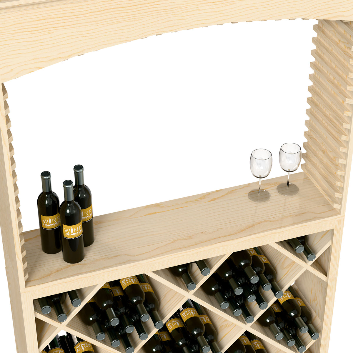 Wood wine tasting station corner view with bottles on top shelf and wine bottles in diagonal rack