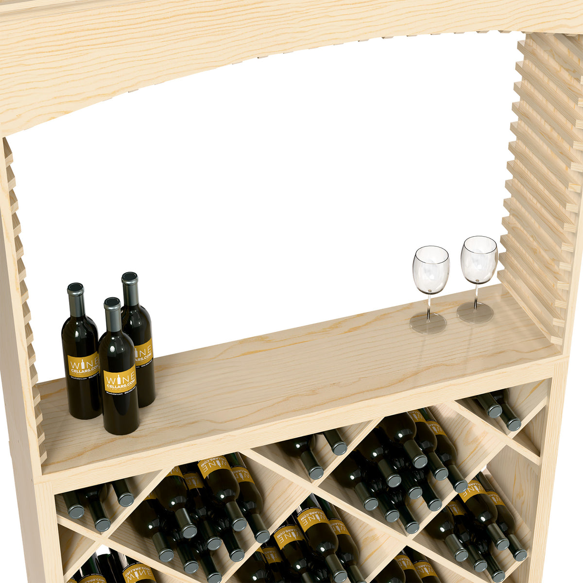 Wood wine tasting station with top shelf, two stemmed glasses, and bottles in crisscross rack