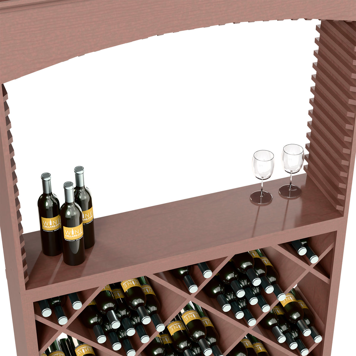 Dark wood wine tasting station top shelf with bottles and two stemmed glasses, plus bottle rack