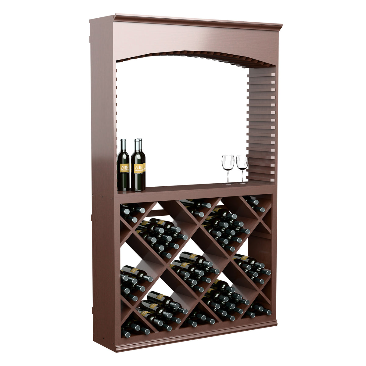 Brown archway wine tasting station with diamond lattice bottle rack and glassware holder