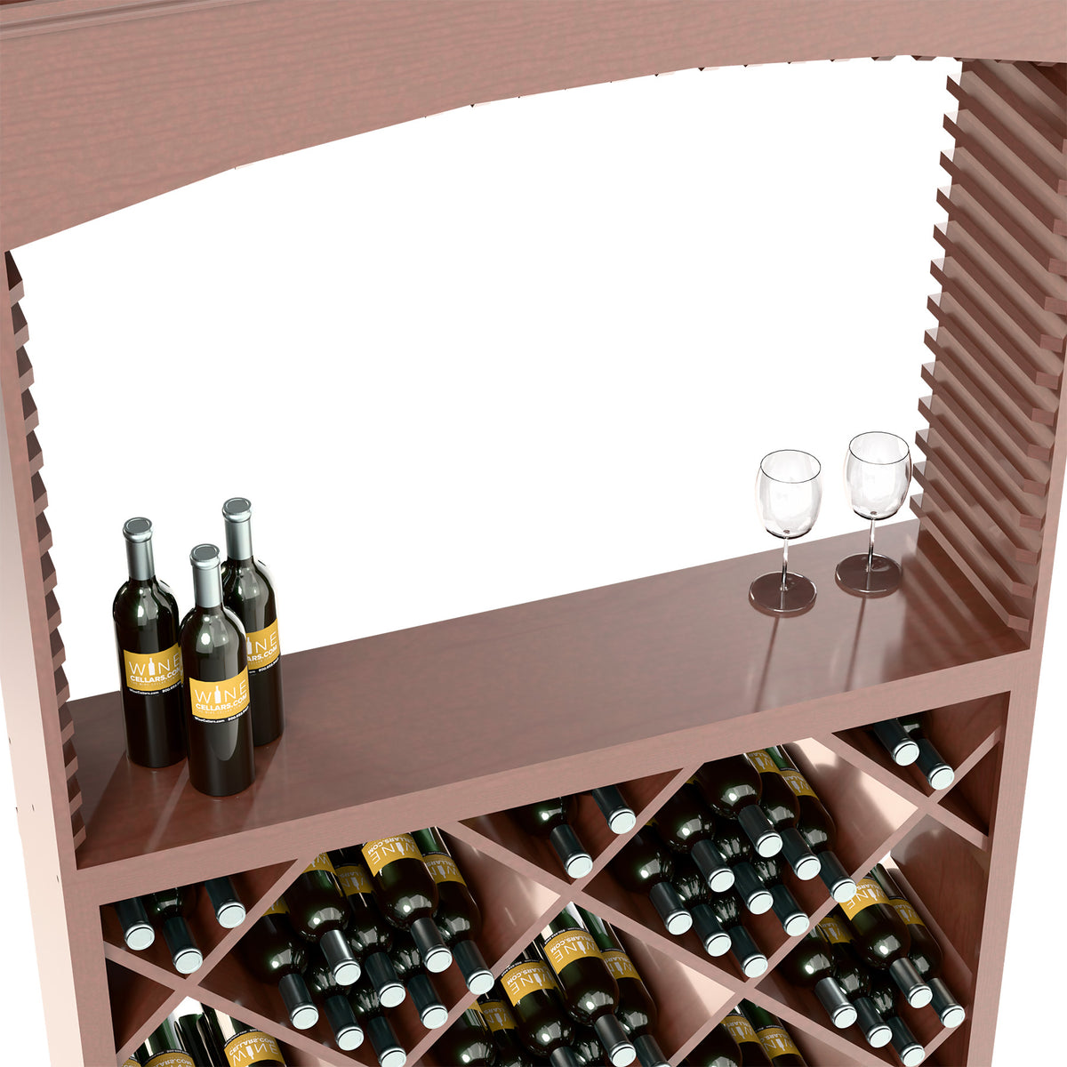 Brown wine tasting station interior with bottle slots, diamond lattice, and two wine glasses