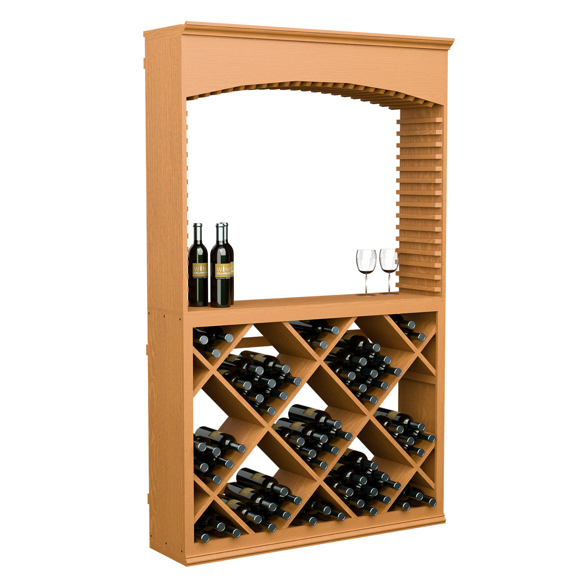 Wood archway wine tasting station with diamond lattice bottle storage and serving glass holder