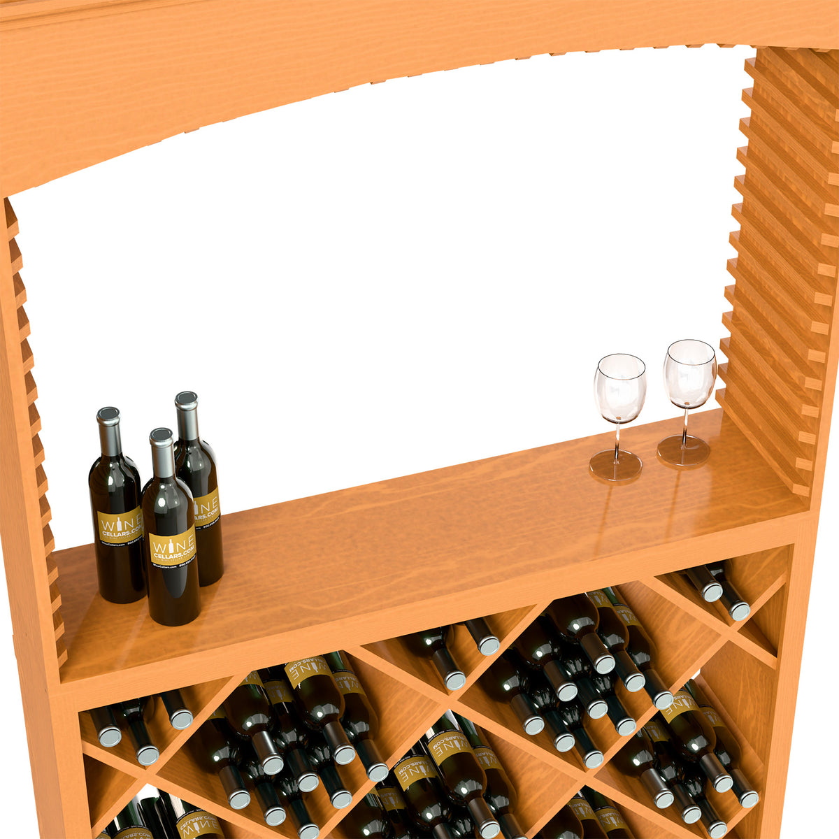 Wood wine tasting station interior with bottle slots, diamond lattice rack, and two wine glasses