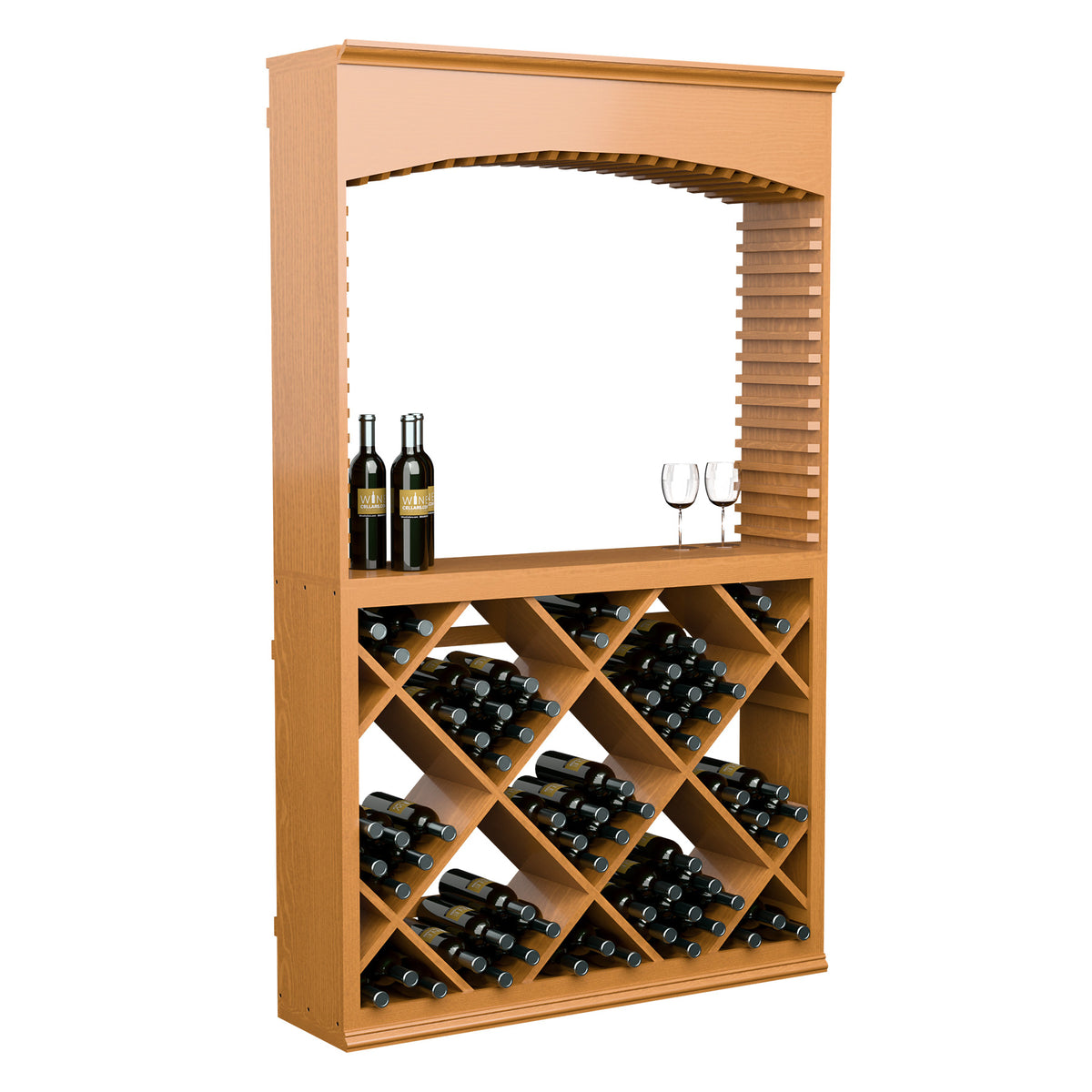 Light wood archway wine tasting station with diamond lattice bottle rack and glassware holder