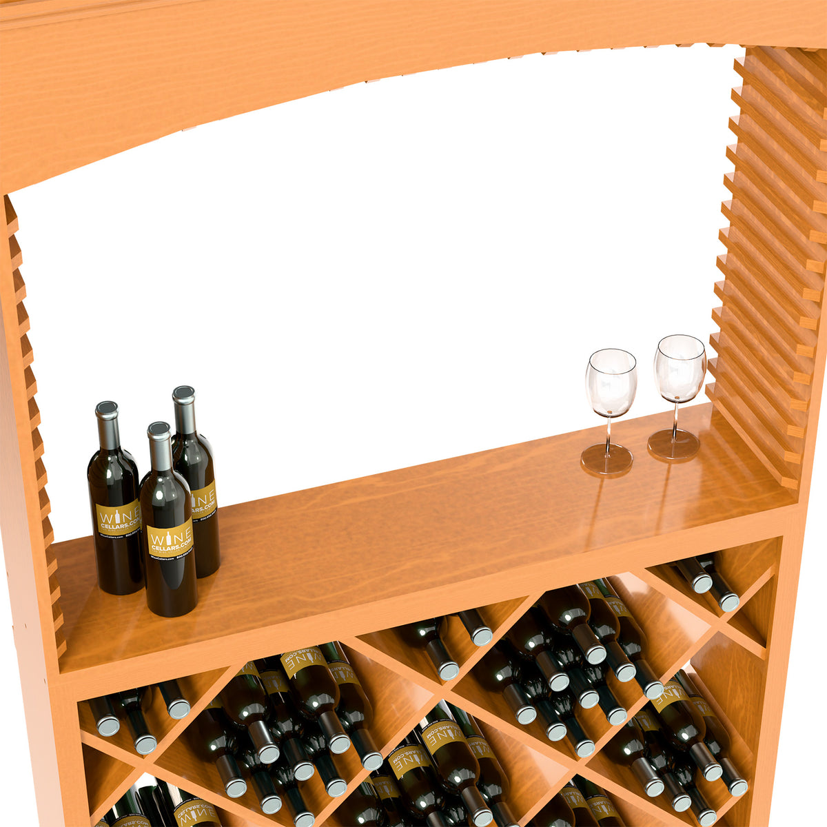 Light wood wine tasting station interior with bottle slots, diamond lattice rack, and two wine glasses