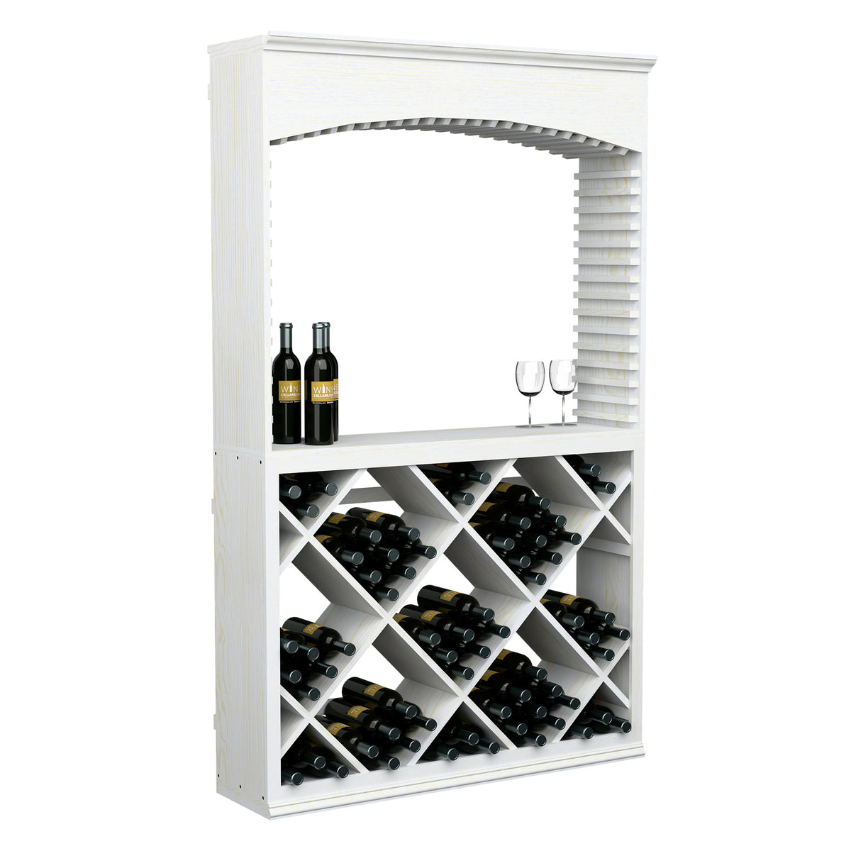 White archway wine tasting station with diamond lattice bottle rack and glassware holder