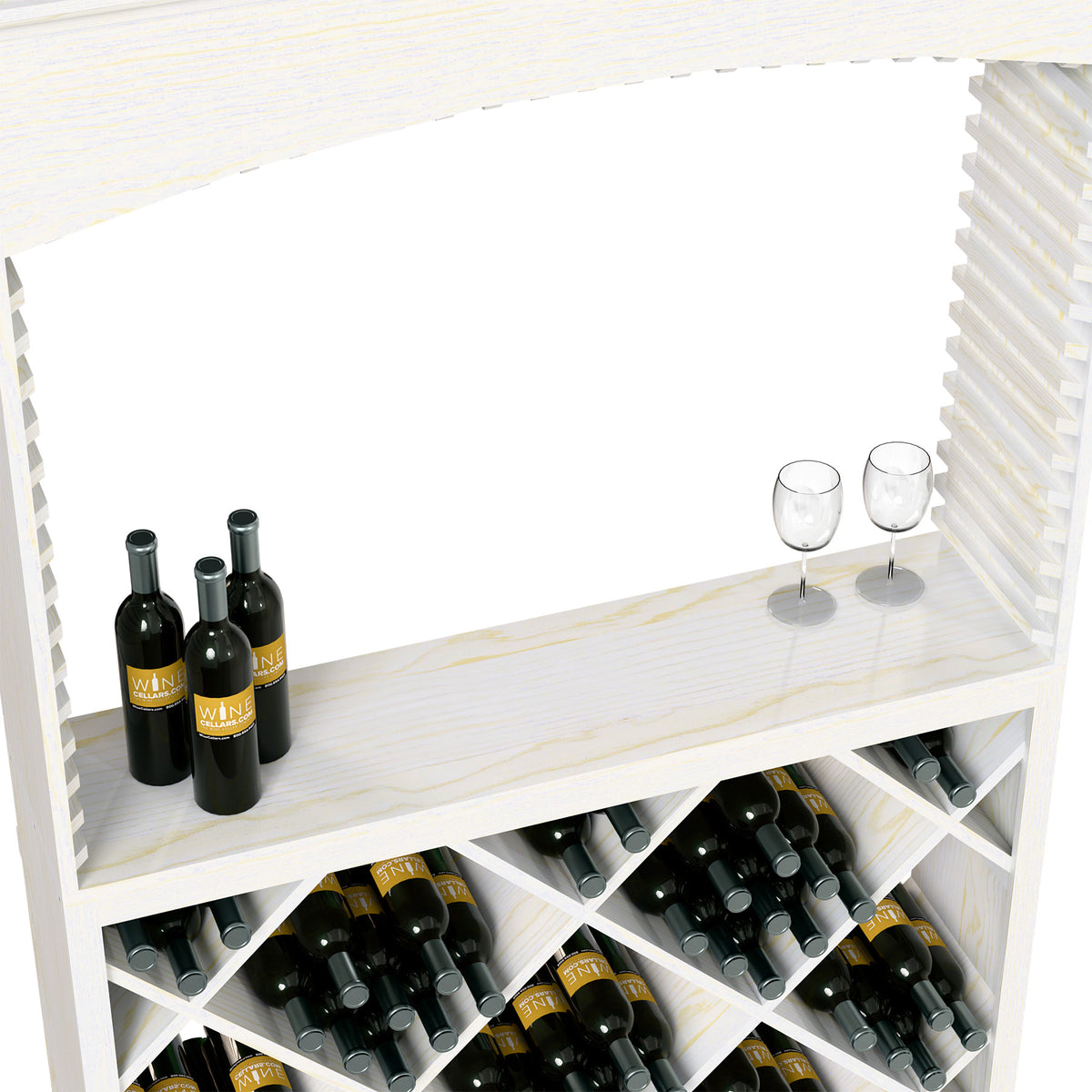 White wine tasting station interior with bottle slots, diamond lattice rack, and two wine glasses